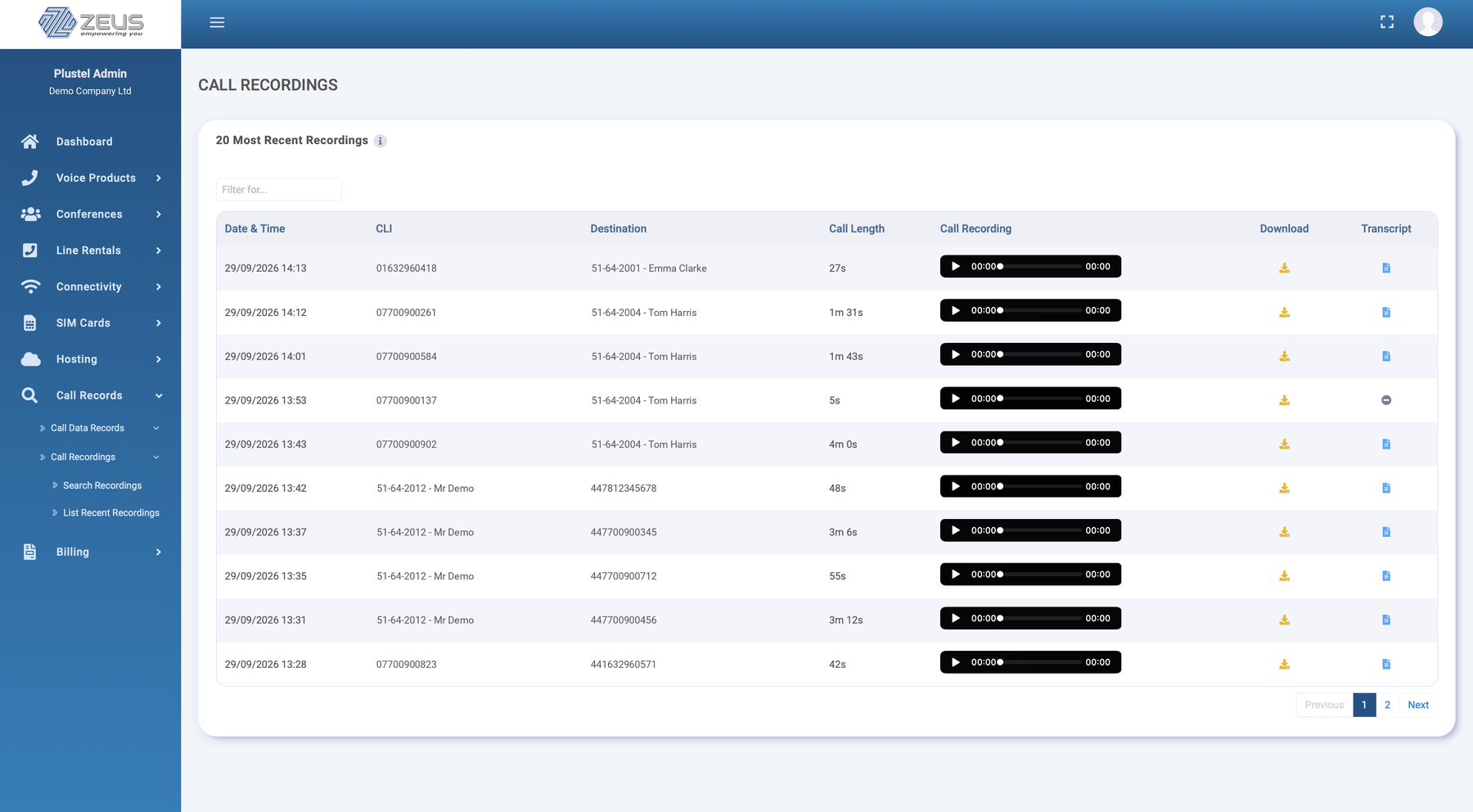 Call Recordings in the Zeus portal with a transcript icon on each recording