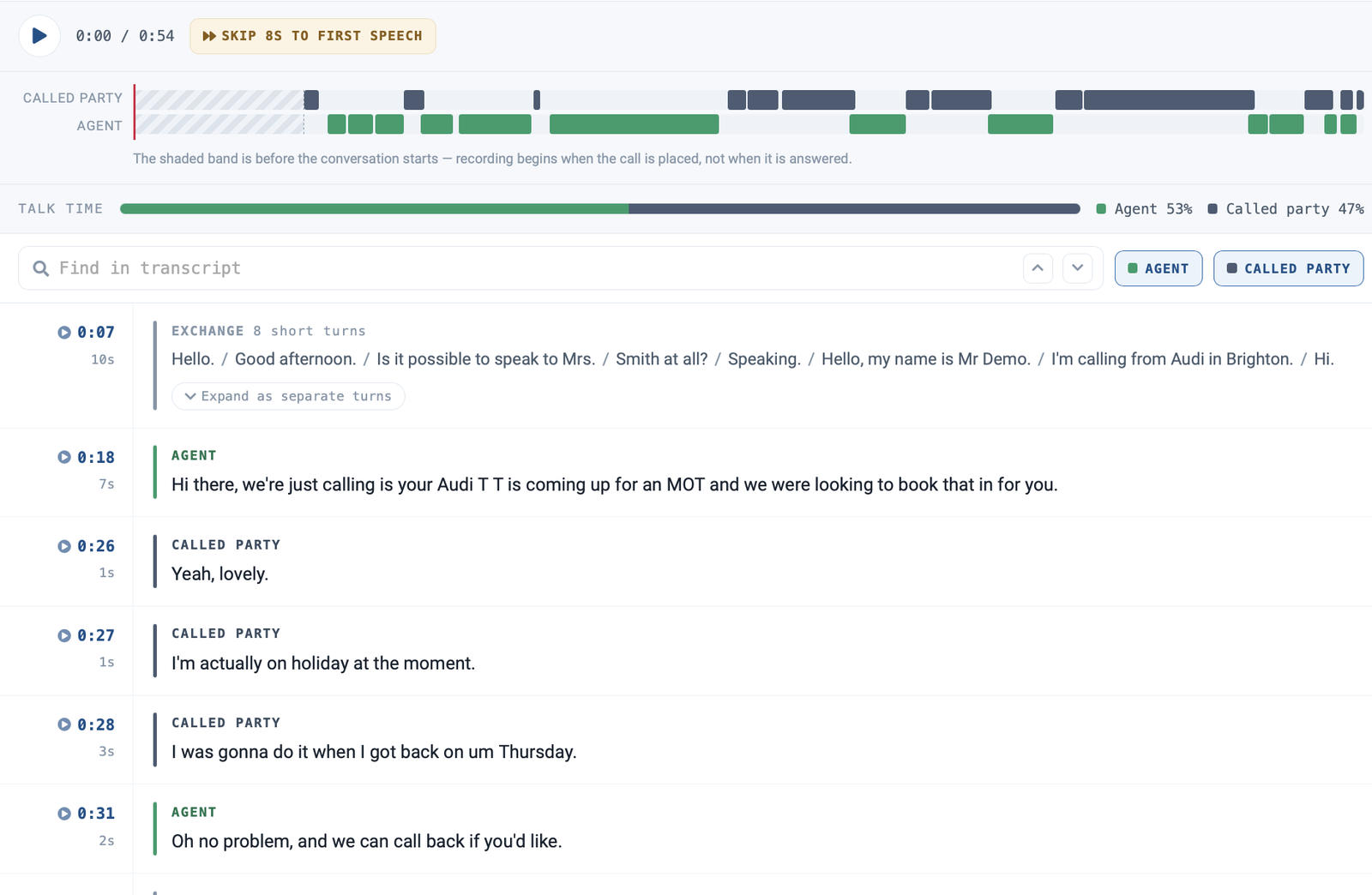 Call transcript with speaker timeline, talk time and time-stamped turns