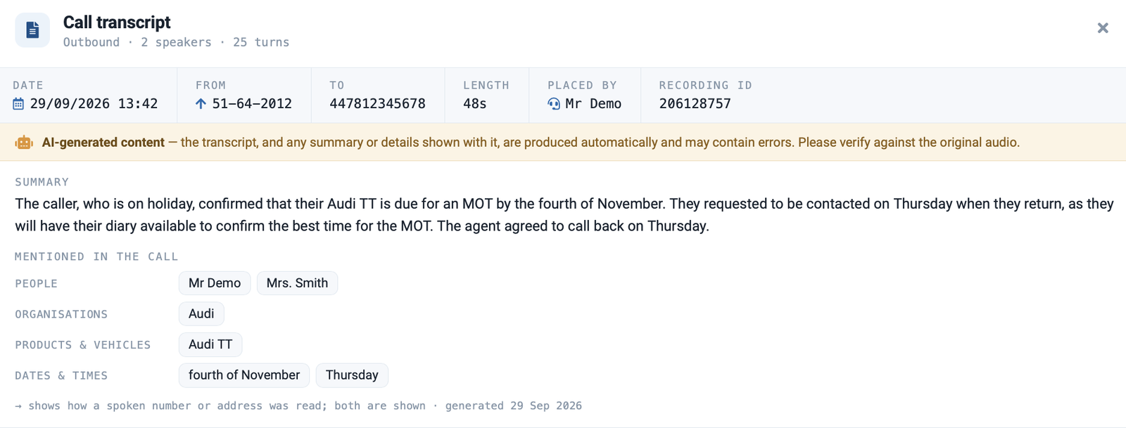 Call transcript with AI summary and the people, organisations and dates mentioned