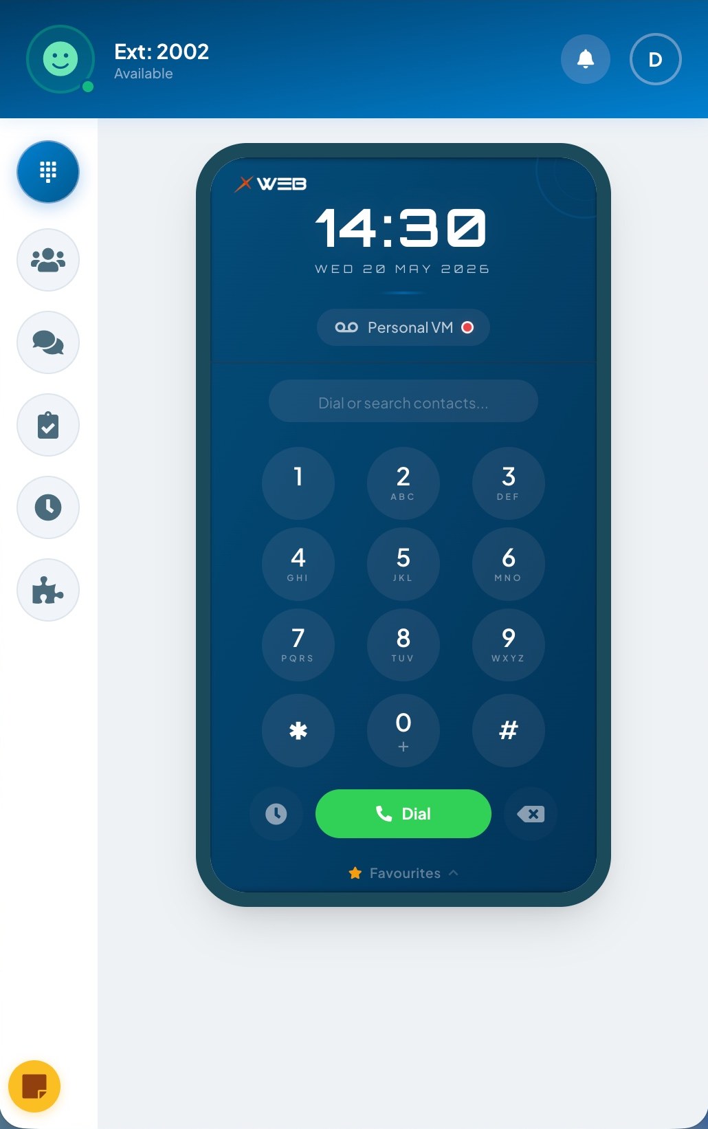 X-Web compact popup showing the dial keypad with current time and Personal voicemail